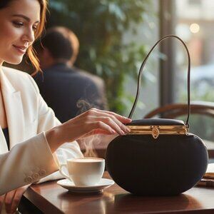 ✨ Carolyne Barton Black Satin Evening Bag – Gold Frame, Mirror, Vintage Charm ✨